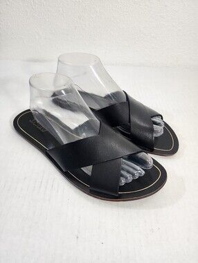 J.Crew Women Cyprus Leather Slide Sandals Black Cross Strap Flat Size 10